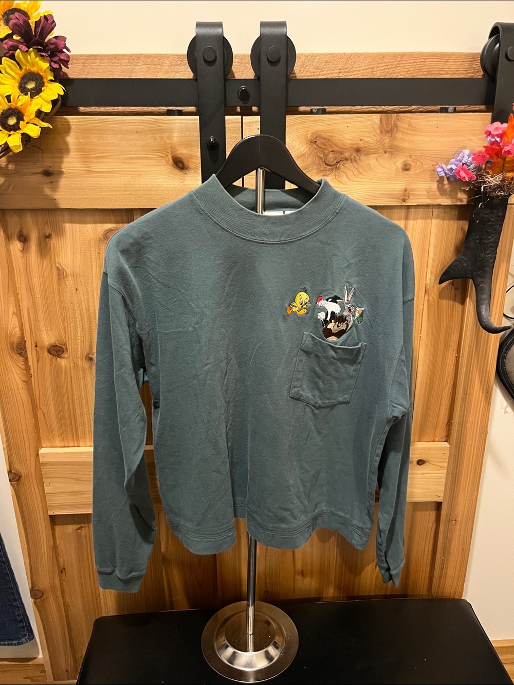 Looney TunesWomen’s Long-Sleeve Pocket Tee w/ Character Embroidery - Slate Green